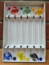 Glass Teapot Stirrers x 6 Multicoloured Cocktail Swizzle Sticks Vintage 