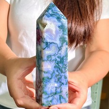 453G Natural Geode Aquatic Plant Water Grass Moss Agate Obelisk Crystal Reiki