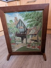 Vintage Wooden Embroidered Village Scene Fire Screen Guard Fireguard Tapestry