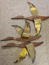 (3) Vintage Flying Ducks Wall Art Hanging/MCM Wood Brass SEE PiCS