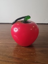Vintage Red Art Glass Apple Sculpture Paperweight Green Leaf 