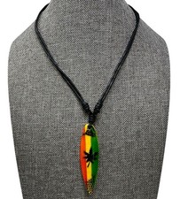 Rasta Surfboard Necklace – 1.25" Wooden Pendant with Black Leaf – Adjustable