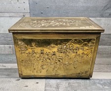 Vintage Embossed Brass Plated Wood Coal/Log Fireside Storage Box