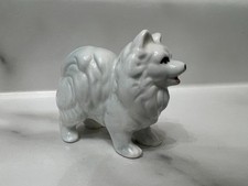 Vintage Pomeranian Porcelain Ceramic Figure White And Blue 