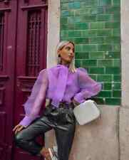 ZARA Semi Sheer Lilac Organza Blouse Top Shirt Pussy Bow Button Detail S Small