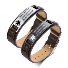 Personalize Engraving Men Teen Medical Alert ID Leather Bracelet Adjustable Band