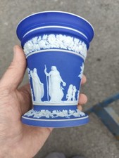  Wedgwood Blue Jasperware Vase Decorated With Figures 5" 12.8cm Tall