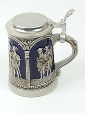 Vintage Cobalt Stoneware Stein Tankard Band Lord Lady Scenes Zinn Pewter Lid
