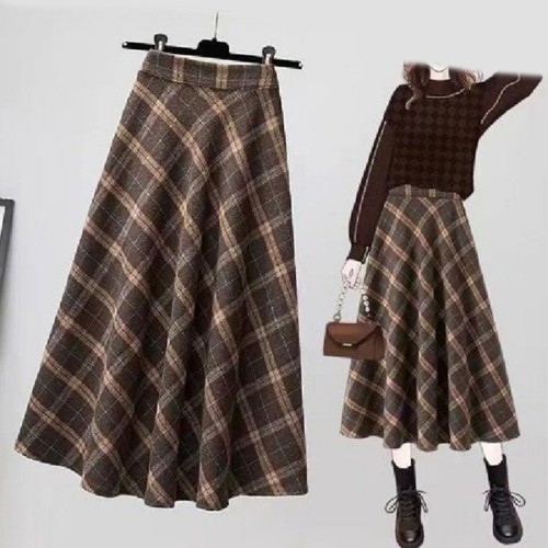 Brown plaid skirt women long - skirt,