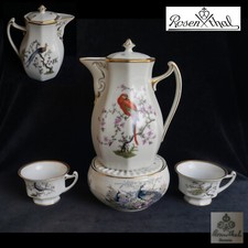 Antique Philipp Rosenthal Coffee Pot Macaw Peacock 1919-1935 + 2 Coffee Cups + Addition