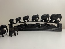 Vintage Dark Heavy Wooden Ebony Bridge Of 6 Elephants + 3 Small