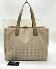 Auth Chanel New Travel Line MM Canvas Beige Tote Bag W/Paper Bag/Card i100284