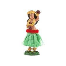 Hawaiian Hula Girl with Flower Hand Painted Dashboard Doll 6.5" (Green Skirt)