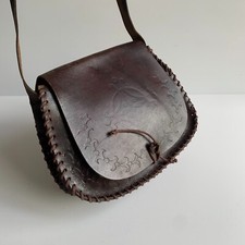 Tooled leather shoulder cartridge bag Small handbag dark brown vintage