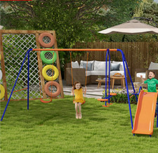 4 in 1 Metal Garden Swing Set with Slide Glider Ladder and Double Swings for Kid