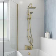 Bath Shower Mixer Waterfall Tap Kit Square Riser Rail Dual Heads Brushed Brass