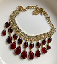 GOLD TONE CHUNKY STATEMENT CHAIN WITH RED OVAL  & TEARDROP DROP CRYSTAL NECKLACE