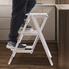 3-Layer Folding Step Ladder Folding Wooden Step Stool Anti-Slip Loading 100kg