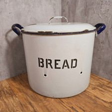 Large White & Blue Enamel Bread Bin - Worn Patinated Vintage Kitchenalia Prop
