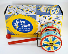 VINTAGE CHILTERN GREEN MONK PUSH ALONG FAIRY BELL ROLLER CHIME TOY c1960