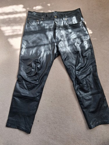 Men black leather jeans - black,