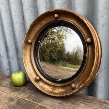 Small Antique Convex Porthole Round Butlers Wall Mirror Fisheye Vintage Wooden