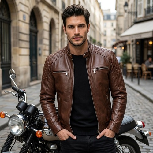 Men brown leather - leather, jacket