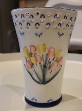Delftware Royal Twickel Holland Reticulated Pierced Vase Tulips Hand Painted