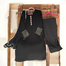 Indian Punjabi Pakistani Salwar Kameez Stitched Suit Black Chiffon Mirror Work L