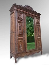 Antique French Breton Armoire Linen Cupboard With Figural Carvings