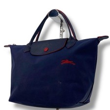 Longchamp Le Pliage Tote Bag Navy Leather Handle Foldable Authentic