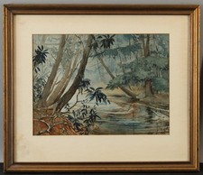 Signed JC Antique country Swamp Steam Wooded Landscape Watercolor Painting NR
