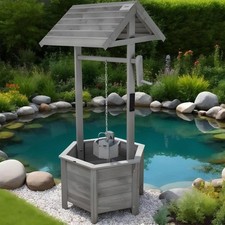 Wooden Grey Wishing Well Bucket Planter Plant Flower Pot Garden Patio Ornament