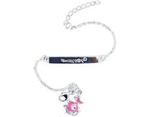 Punky Fish Silver ID Bracelet with Pink Charm - 925 Sterling Silver Bangle