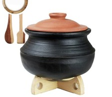 Terracotta Clay Pottery Mud Pot Earthen Cooking Serving With Lid Black 1 L