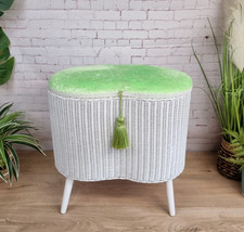 Vintage Lloyd Loom Style Mid Century Kidney Shaped Storage Basket Stool White