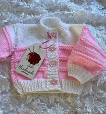Baby Girl Pink & White Cardigan 0-3 mths New born Gift Baby Shower Hand Knitted