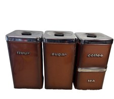 Kitchen Canister Set Brown Metal Flour Sugar Coffee Tea Chrome Lids & Knobs Vtg