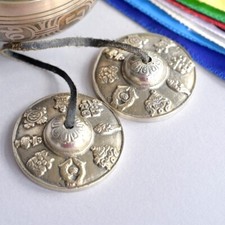 Tibetan Buddhist Tingsha Bells with 8 Auspicious Symbols - Large Size