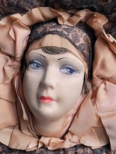 Antique French Boudoir Doll Head Pillow Art Deco 1920s Decor Metallic Lace 