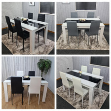 Dining White Black Wood Table and 4 Leather Chairs Dining Room Set