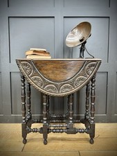 Antique Carved Oak Gateleg Drop Leaf Table Jacobean Revival Oval c.1900