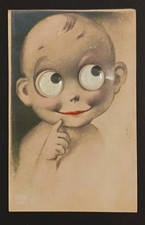 ANTICA CARTOLINA BAMBINO OCCHI MOBILI 1929 GRANDI OCCHI KEWPIE FIRMATA H. S.