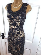 Frank Lyman Black & Gold Patterned Tiered Lined Dress, UK 14, Perfect Condition