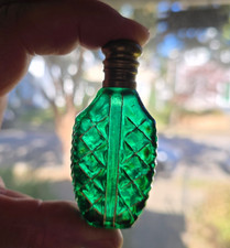 Antique Victorian Perfume Bottle Emerald Glass Gold Accents Stopper Present WOW!