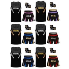 Unisex Kids Boxing MMA Kickboxing Uniform Printed Vest Boxer Shorts Gloves Set