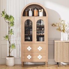 H&ZT 180 cm Arched Pantry Cabinet with Glass Doors 2 Drawers Anti-Tipping Device
