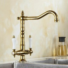 Polish Gold Kitchen Faucet Single Hole Ceramic Dual Handle Swivel Mixer Tap NEW