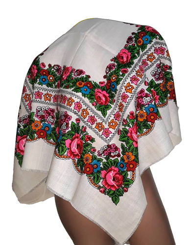 Shawl ukraine white floral - floral, vtg