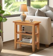 Side Table, Wooden Oak Occasional Table with 2 Shelves, Coffee Lamp End Table